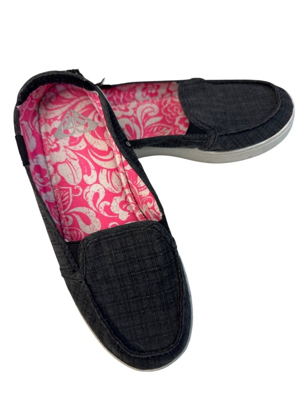 Roxy Womens Casual Slip-On Shoes With Pink Floral Lining Size 7 Black Canvas & R